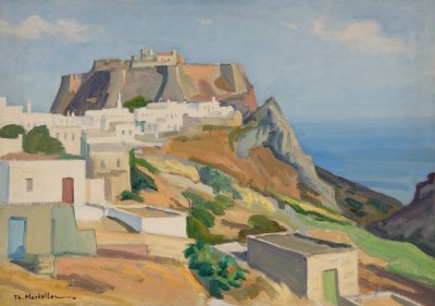 Kythera, View with Castle in Background — Oil painting, Canvas, 46.00×65.00cm — Theodoros Markellos